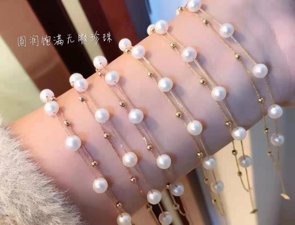 Carmano 18K Gold Double-Layer Pearl Choker Bracelet Women's Rose Gold Bracelet AU750 Gold Yellow Bracelet Ornament