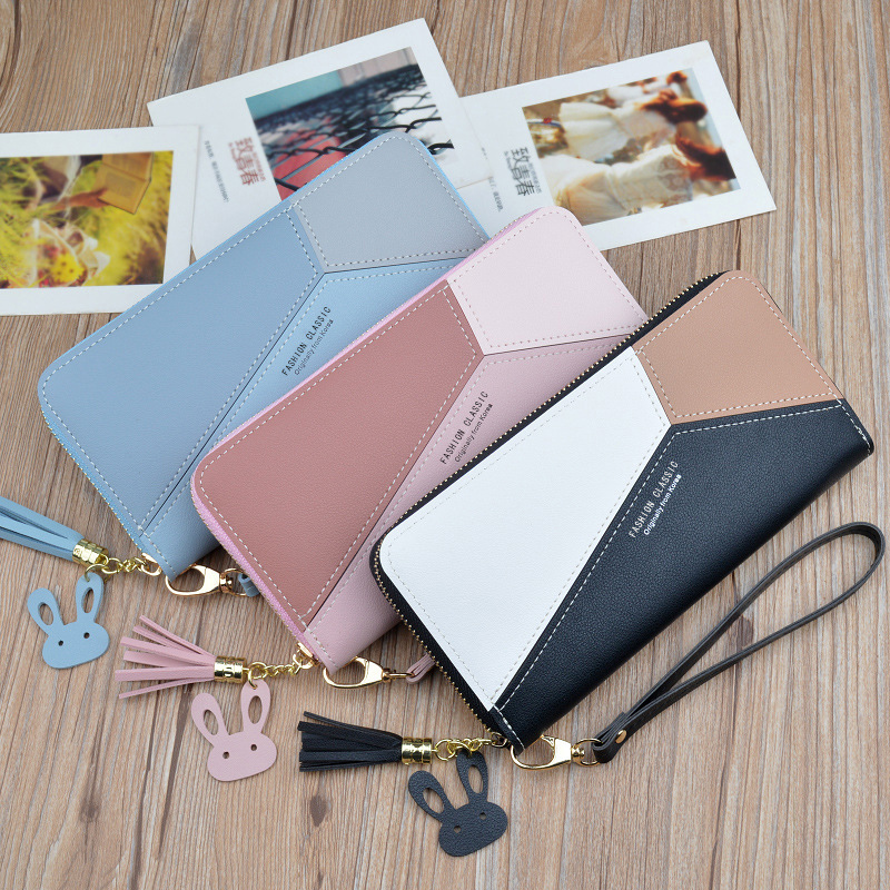Wallet Long Style for Women Korean Style Contrasting Color Stitching Zipper Tassels Large Capacity Wallet Phone Bag