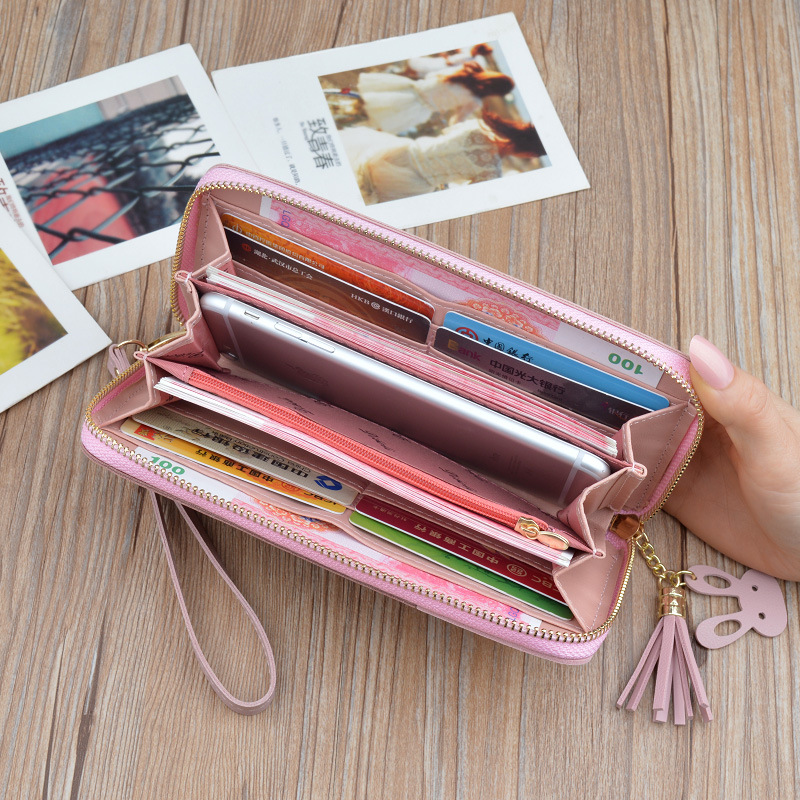 Wallet Long Style for Women Korean Style Contrasting Color Stitching Zipper Tassels Large Capacity Wallet Phone Bag