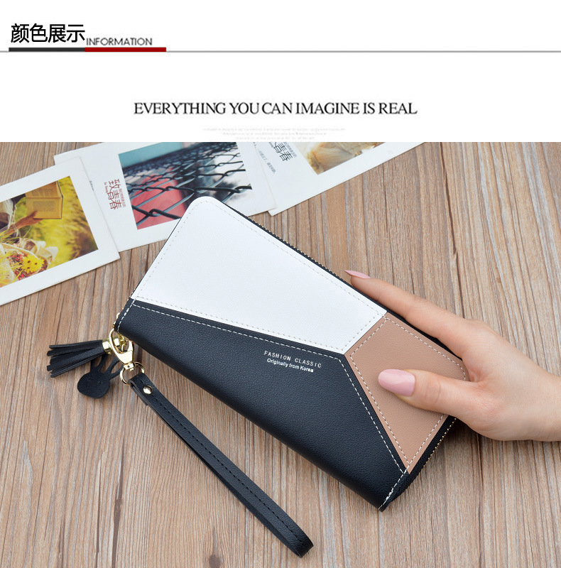 Wallet Long Style for Women Korean Style Contrasting Color Stitching Zipper Tassels Large Capacity Wallet Phone Bag