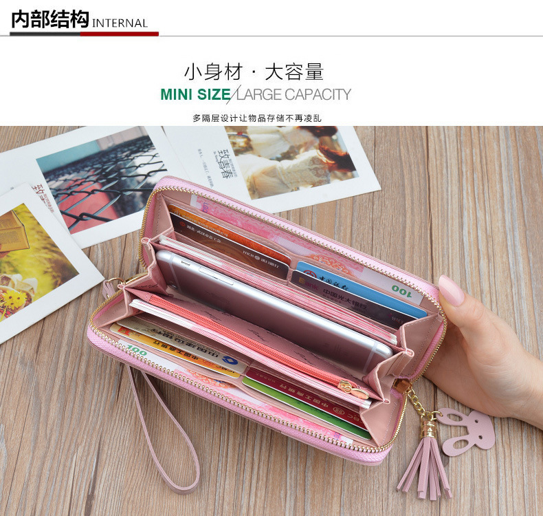 Wallet Long Style for Women Korean Style Contrasting Color Stitching Zipper Tassels Large Capacity Wallet Phone Bag