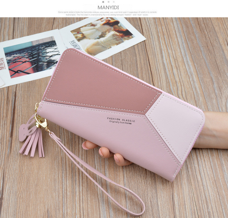 Wallet Long Style for Women Korean Style Contrasting Color Stitching Zipper Tassels Large Capacity Wallet Phone Bag