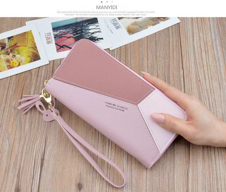 Wallet Long Style for Women Korean Style Contrasting Color Stitching Zipper Tassels Large Capacity Wallet Phone Bag