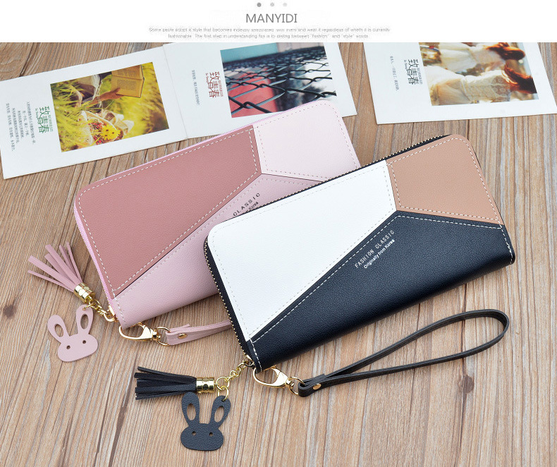 Wallet Long Style for Women Korean Style Contrasting Color Stitching Zipper Tassels Large Capacity Wallet Phone Bag