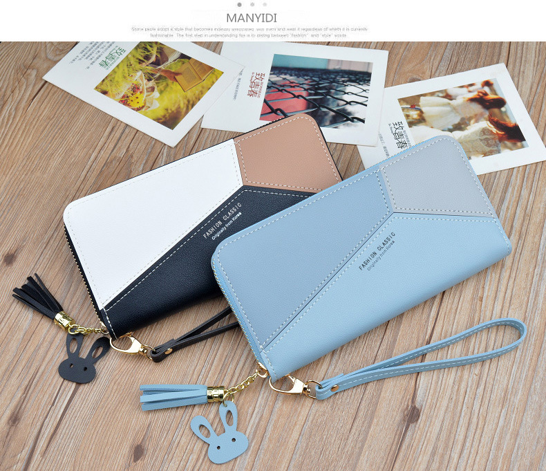 Wallet Long Style for Women Korean Style Contrasting Color Stitching Zipper Tassels Large Capacity Wallet Phone Bag
