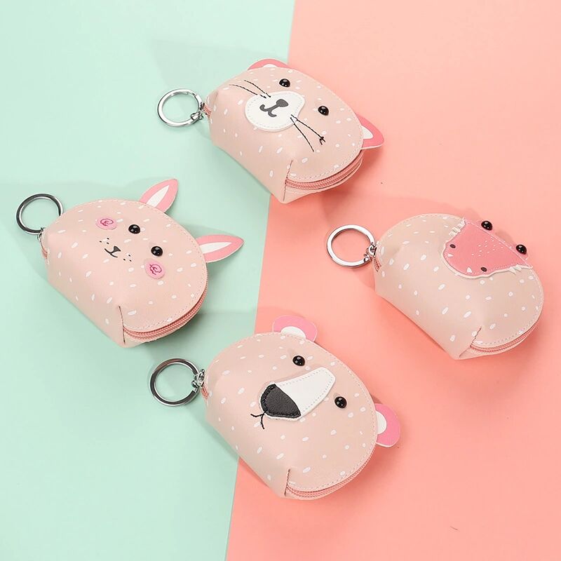 New Cartoon Cute Animal Head Promotional Gift Coin Purse Creative PU Leather Keychain Wallet Storage Bag
