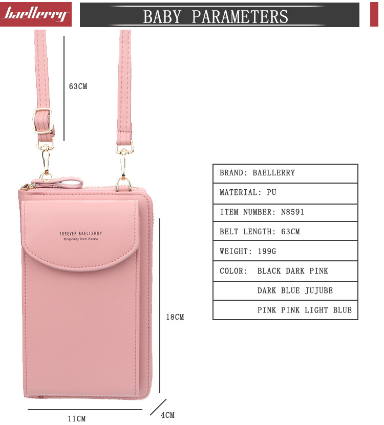 Baellerry Women's Wallet Solid Color Small Over-the-Shoulder Bag Multi-Function Mobile Phone Long Clutch Purse Women