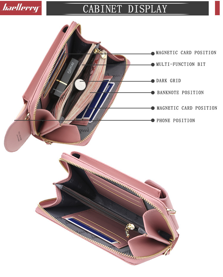 Baellerry Women's Wallet Solid Color Small Over-the-Shoulder Bag Multi-Function Mobile Phone Long Clutch Purse Women