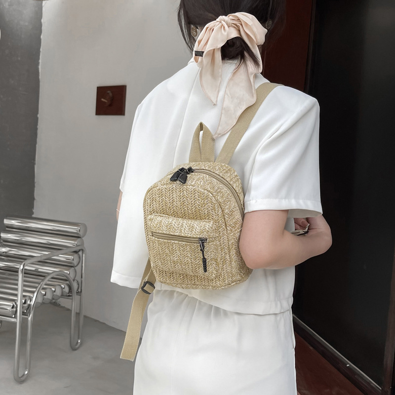 Retro Popular Woven Bag Backpack Female 2021 New Straw Backpack Small Schoolbag Woven Bag