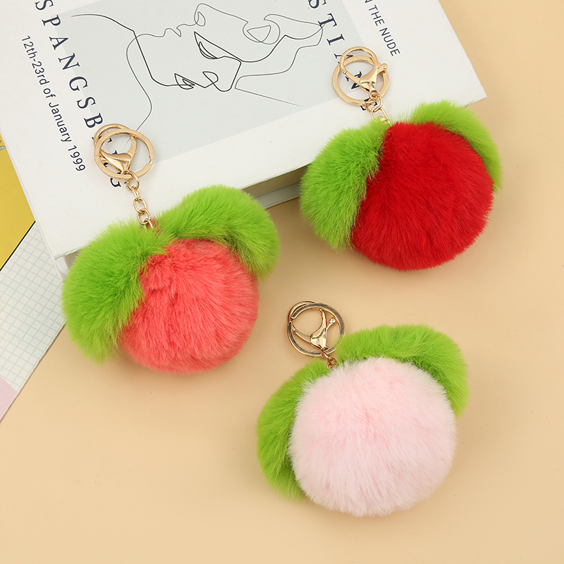 Factory Wholesale Creative Peach Plush Key Chain Car Key Ring Pendant Hair Ball Fruit Suitcase Ornaments