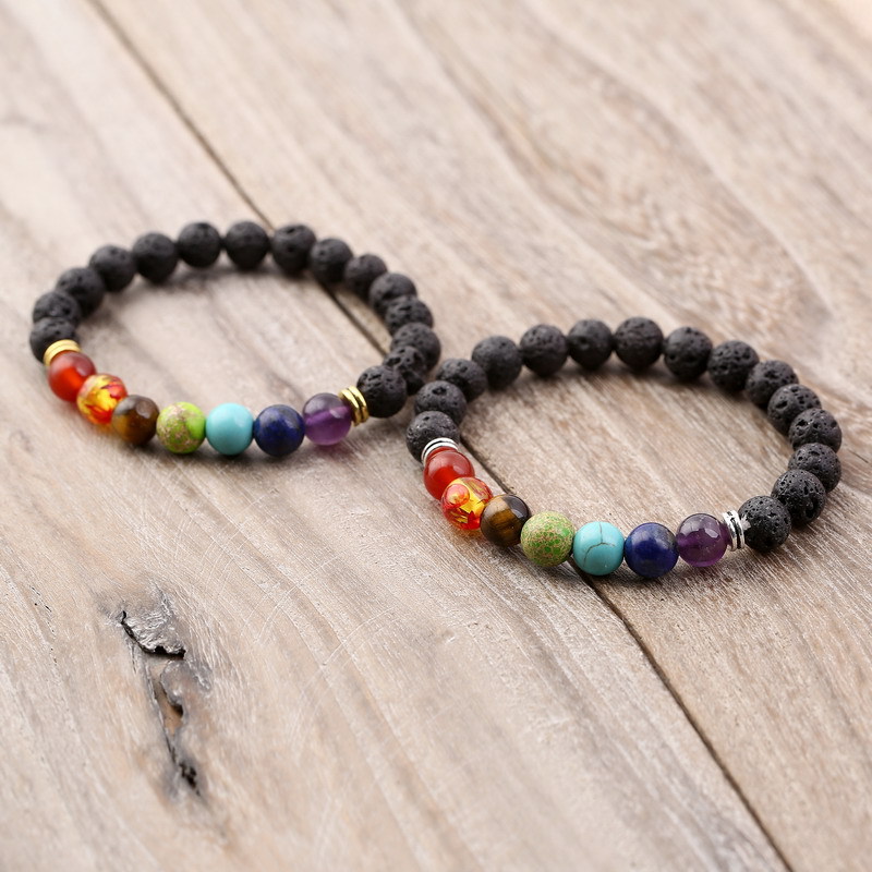 2020 Cross-Border Seven-Pulse Wheel Alloy Ornament Volcanic Rock Aromatherapy Beaded Bracelet Stone Yoga Bracelet