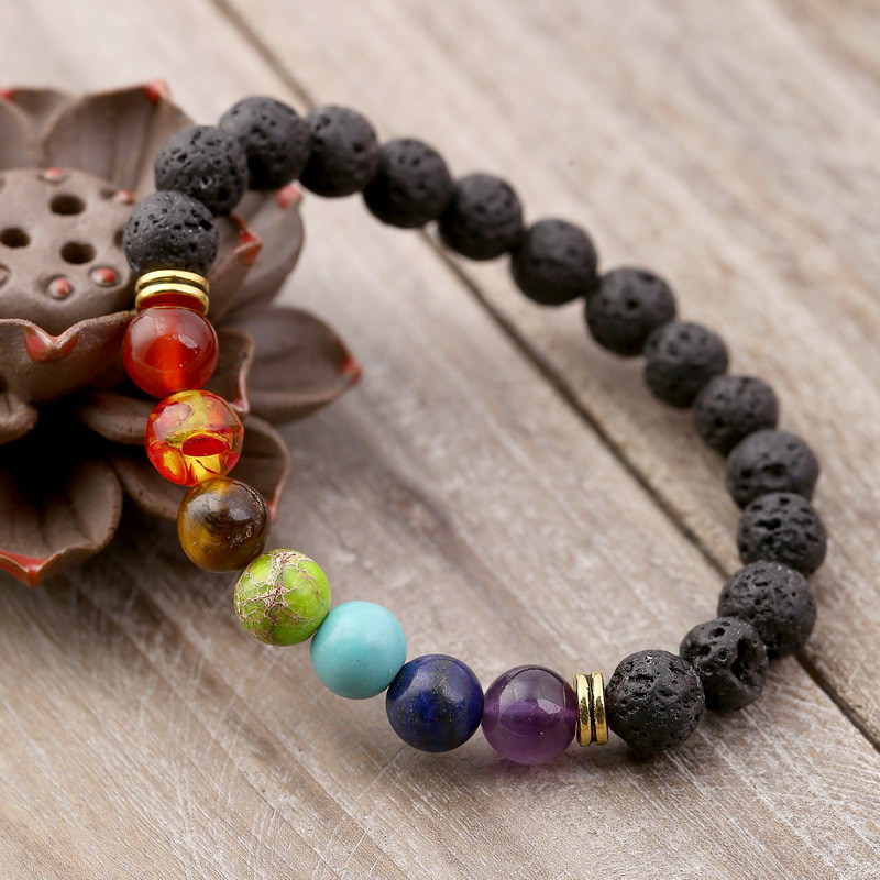 2020 Cross-Border Seven-Pulse Wheel Alloy Ornament Volcanic Rock Aromatherapy Beaded Bracelet Stone Yoga Bracelet