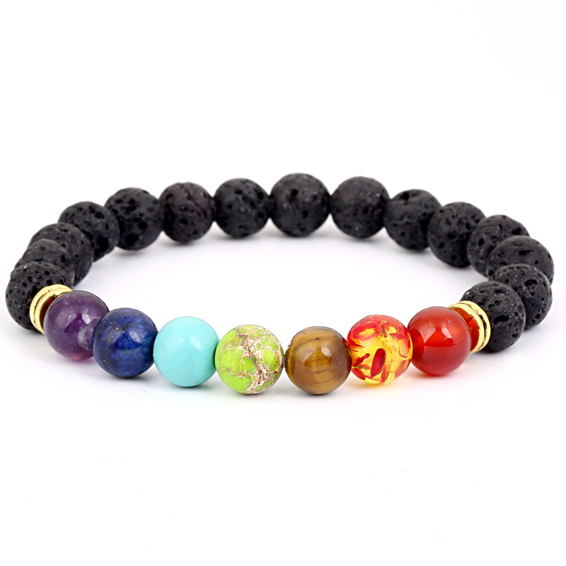 2020 Cross-Border Seven-Pulse Wheel Alloy Ornament Volcanic Rock Aromatherapy Beaded Bracelet Stone Yoga Bracelet