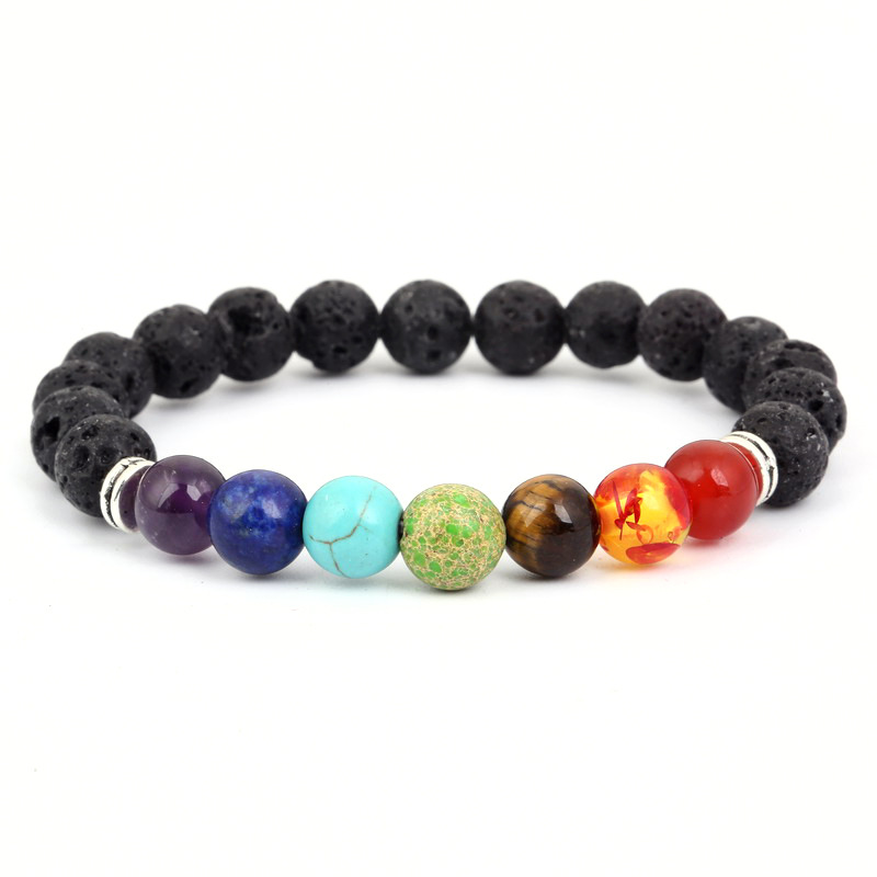 2020 Cross-Border Seven-Pulse Wheel Alloy Ornament Volcanic Rock Aromatherapy Beaded Bracelet Stone Yoga Bracelet