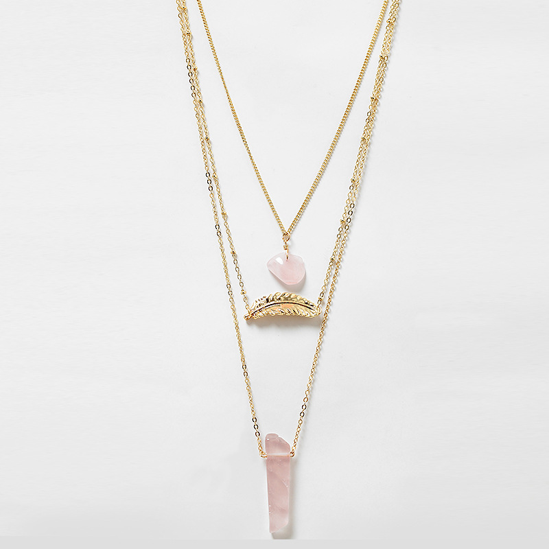 Elegant Jewelry European and American Personalized Simple Style Natural Stone Necklace Women&#039;s Metal Leaf Multi-Layer Alloy Women&#039;s Necklace