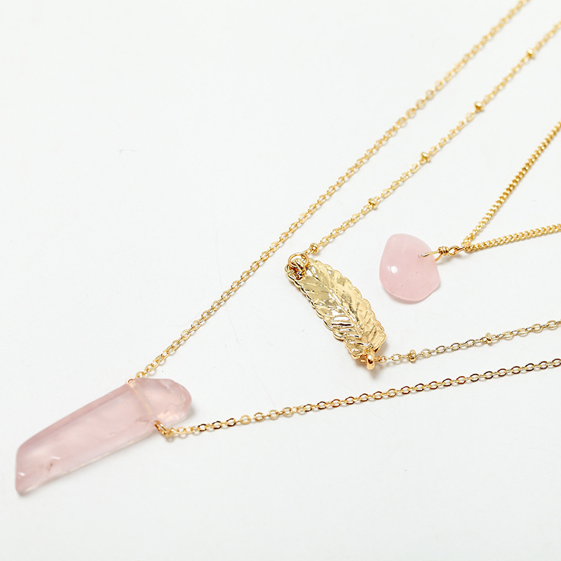 Elegant Jewelry European and American Personalized Simple Style Natural Stone Necklace Women&#039;s Metal Leaf Multi-Layer Alloy Women&#039;s Necklace