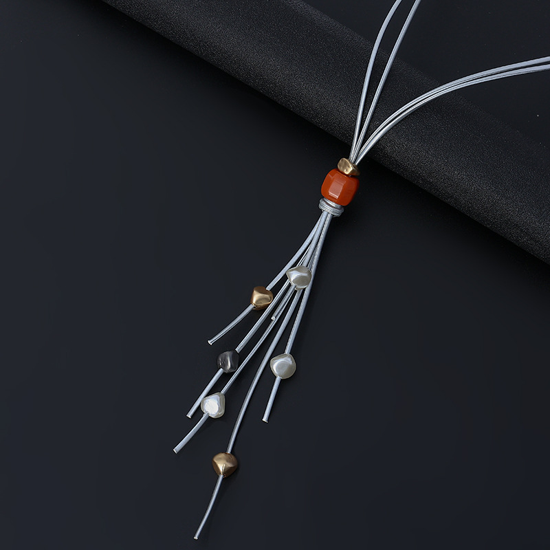 2021 Autumn and Winter New Necklace European and American Retro Natural Stone High-Grade Tassel Sweater Chain Ladies Alloy Long Necklace