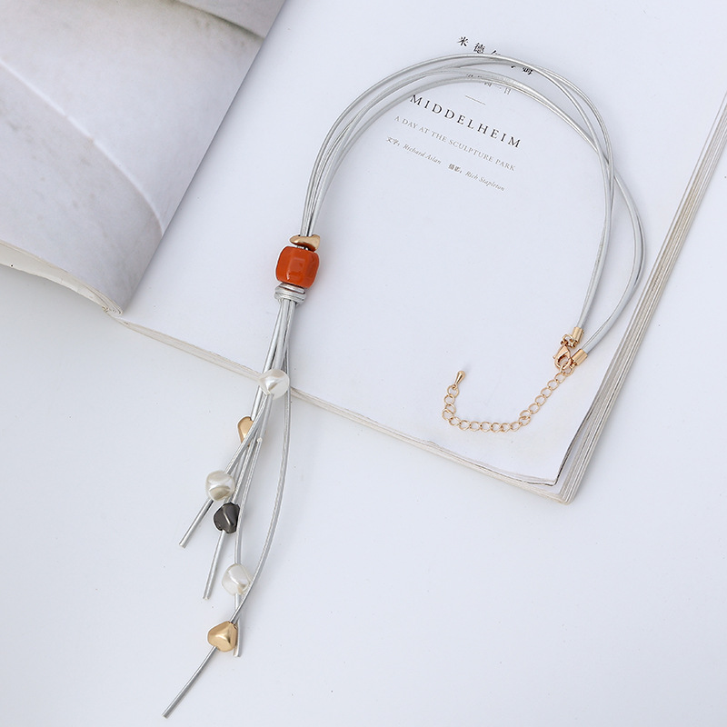2021 Autumn and Winter New Necklace European and American Retro Natural Stone High-Grade Tassel Sweater Chain Ladies Alloy Long Necklace