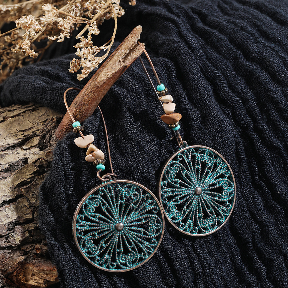 European and American Fashion Hot Selling Accessories Alloy Carved Hollow Flower Earrings Stone Pendant Ear Hook Cross-Border Wholesale