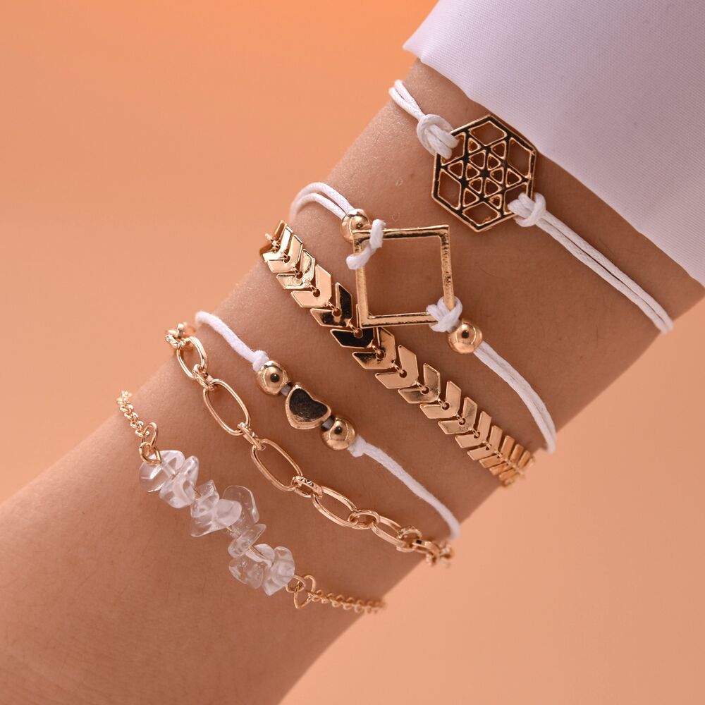 European and American Fashion Cool Women's Alloy Six-Pointed Star Heart Fishbone Chain Bracelet Stone Combination 6-Piece Bracelet