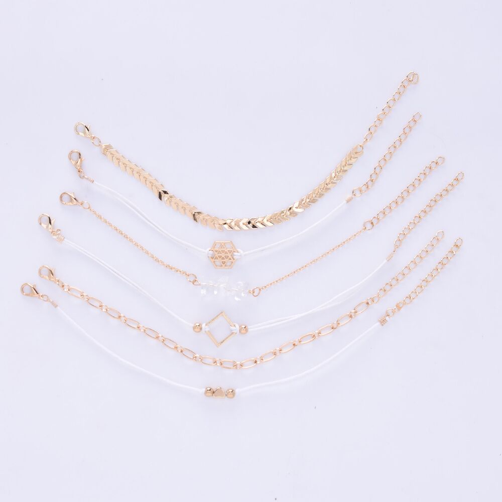 European and American Fashion Cool Women's Alloy Six-Pointed Star Heart Fishbone Chain Bracelet Stone Combination 6-Piece Bracelet