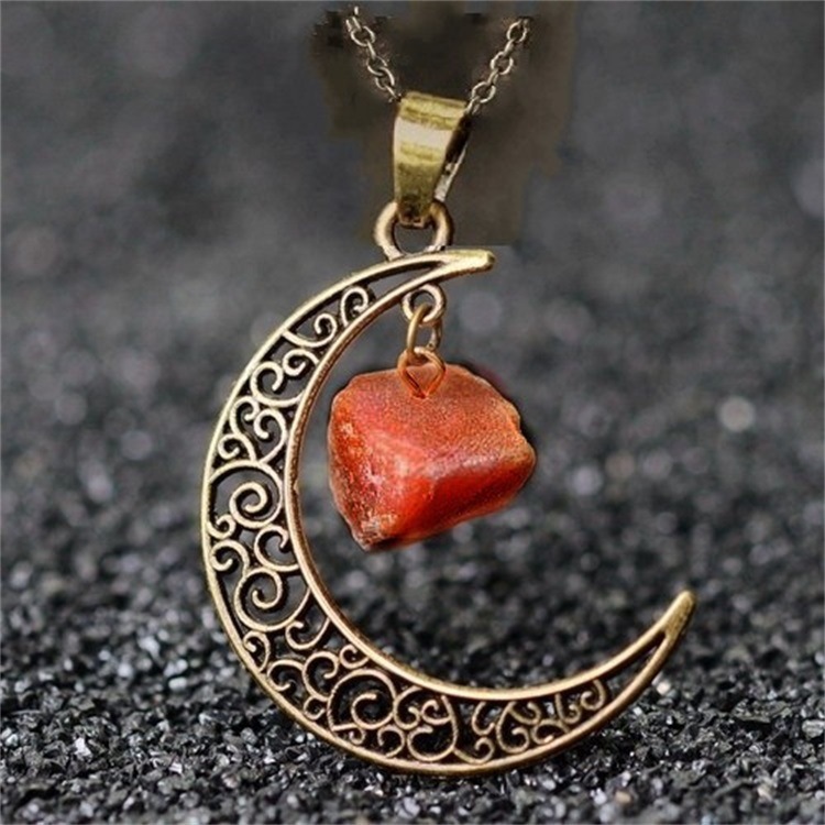 Foreign Trade Retro Moon Alloy Sweater Chain European and American Style Jewelry Natural Stone Crystal Necklace for Women Amazon Ornament