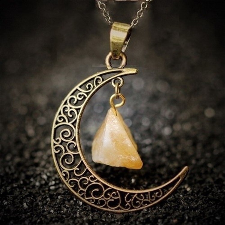 Foreign Trade Retro Moon Alloy Sweater Chain European and American Style Jewelry Natural Stone Crystal Necklace for Women Amazon Ornament