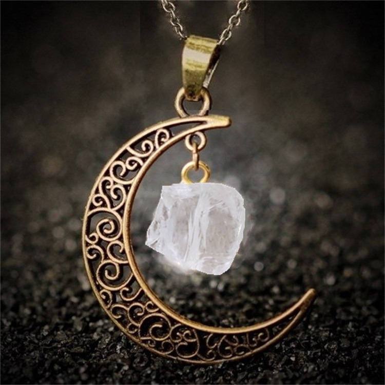 Foreign Trade Retro Moon Alloy Sweater Chain European and American Style Jewelry Natural Stone Crystal Necklace for Women Amazon Ornament