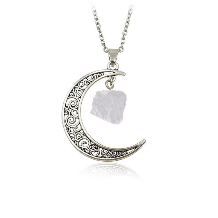 Foreign Trade Retro Moon Alloy Sweater Chain European and American Style Jewelry Natural Stone Crystal Necklace for Women Amazon Ornament