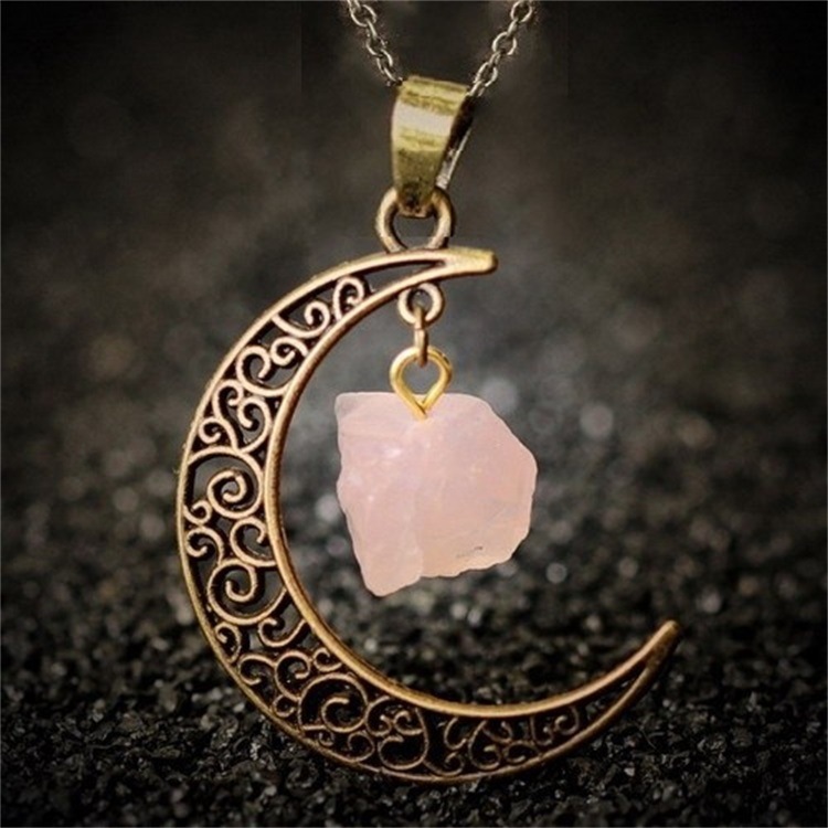Foreign Trade Retro Moon Alloy Sweater Chain European and American Style Jewelry Natural Stone Crystal Necklace for Women Amazon Ornament