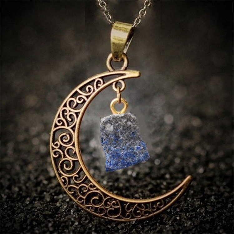 Foreign Trade Retro Moon Alloy Sweater Chain European and American Style Jewelry Natural Stone Crystal Necklace for Women Amazon Ornament