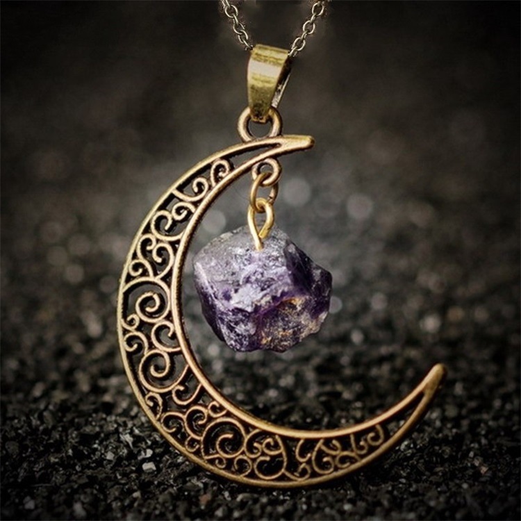 Foreign Trade Retro Moon Alloy Sweater Chain European and American Style Jewelry Natural Stone Crystal Necklace for Women Amazon Ornament