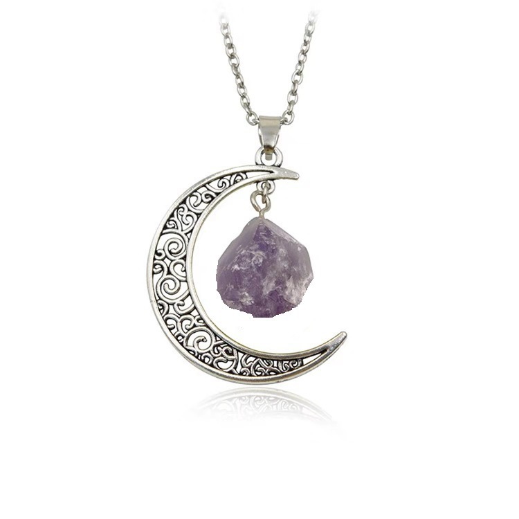 Foreign Trade Retro Moon Alloy Sweater Chain European and American Style Jewelry Natural Stone Crystal Necklace for Women Amazon Ornament