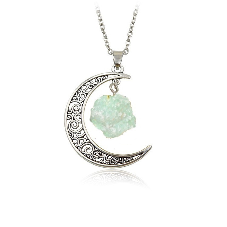 Foreign Trade Retro Moon Alloy Sweater Chain European and American Style Jewelry Natural Stone Crystal Necklace for Women Amazon Ornament