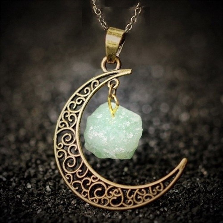 Foreign Trade Retro Moon Alloy Sweater Chain European and American Style Jewelry Natural Stone Crystal Necklace for Women Amazon Ornament