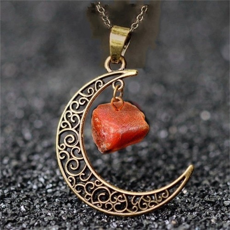 Foreign Trade Retro Moon Alloy Sweater Chain European and American Style Jewelry Natural Stone Crystal Necklace for Women Amazon Ornament