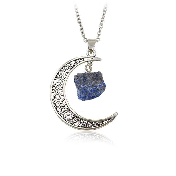Foreign Trade Retro Moon Alloy Sweater Chain European and American Style Jewelry Natural Stone Crystal Necklace for Women Amazon Ornament