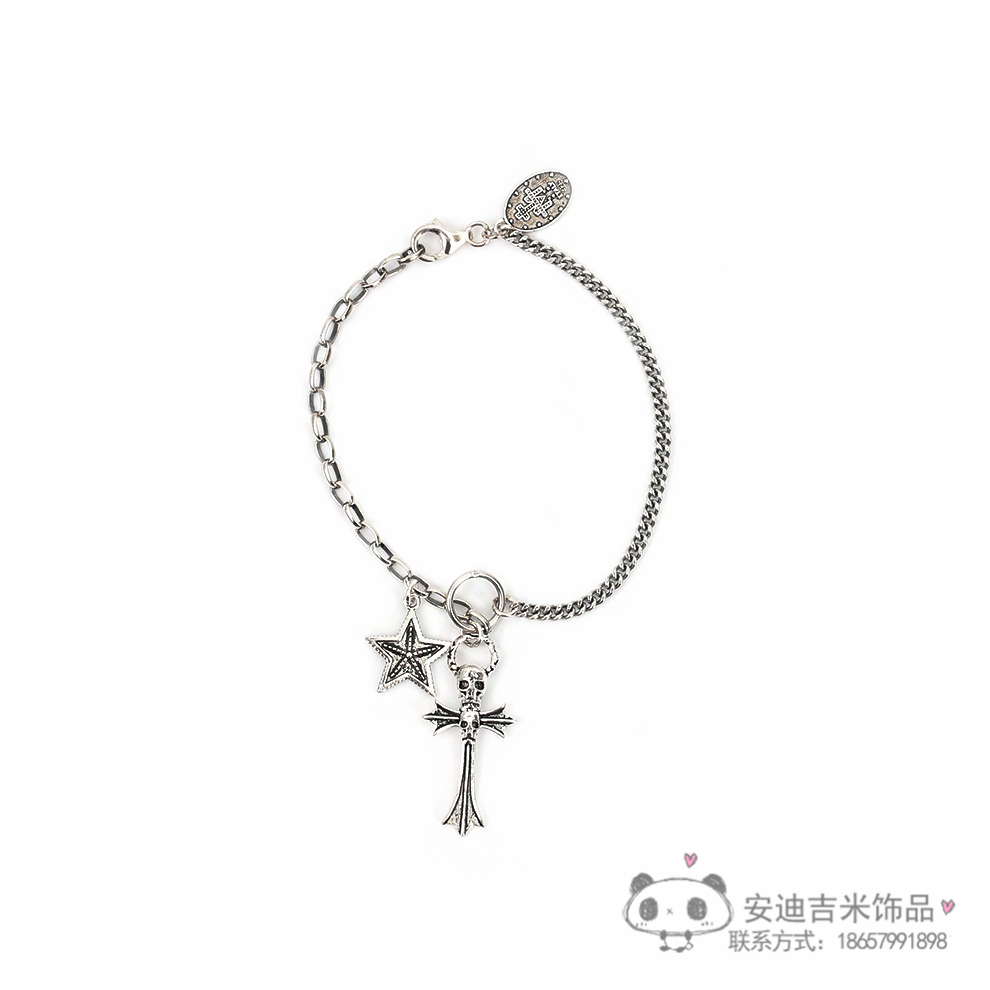 Thai Silver Vintage Skull Cross Pendant Bracelet for Men and Women Same Style Street Hip-Hop 925 Fine Silver Choker Trendy Unique