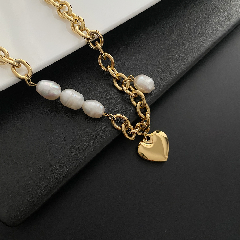 European and American Fashion Titanium Steel No Fading Chain Pearl Stitching Love Choker Female Ins Gentle Temperament Clavicle Chain