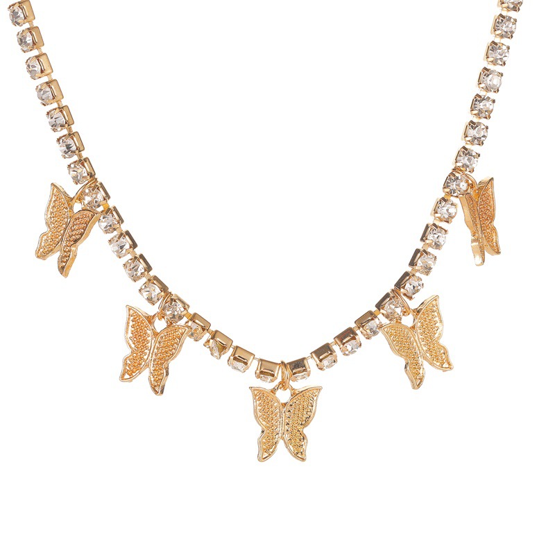 Cuban Butterfly Necklace Europe and America Cross Border Rhinestone Butterfly Pendant Necklace Hip Hop Ear Accessories Tennis Choker