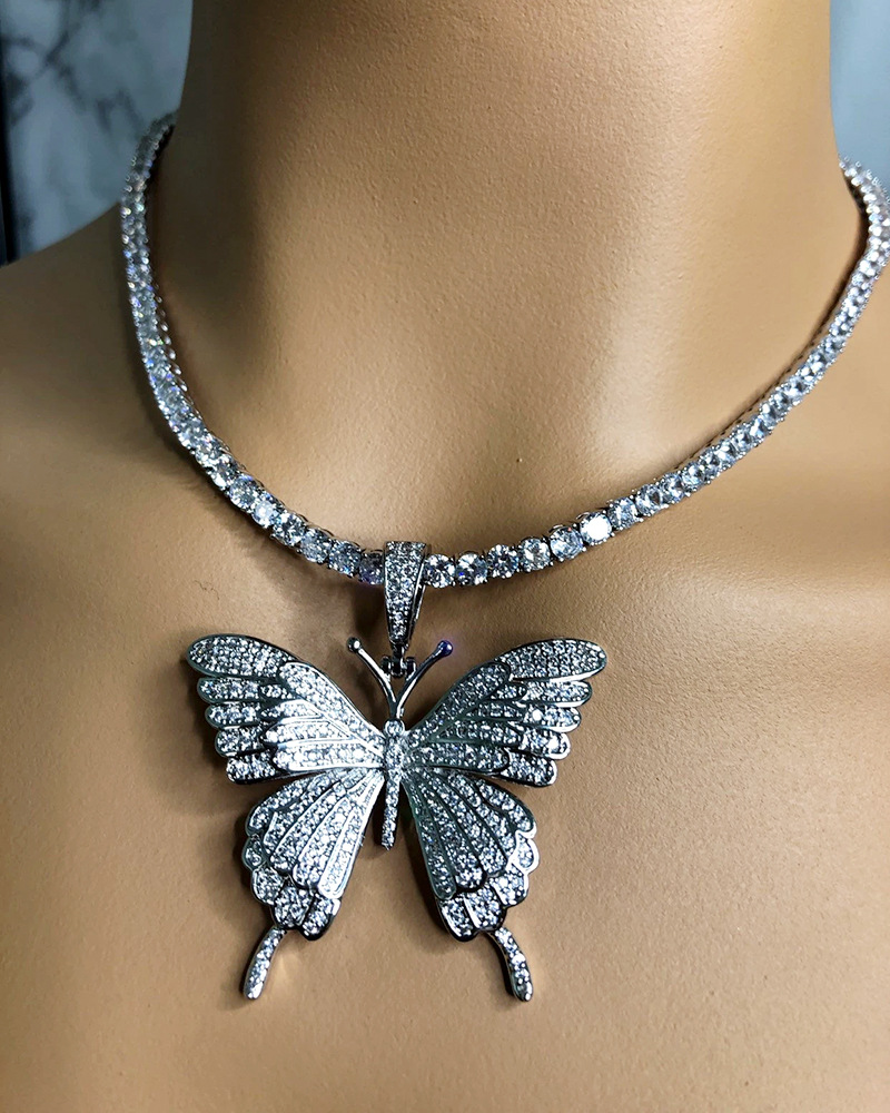 Cuban Butterfly Necklace Europe and America Cross Border Rhinestone Butterfly Pendant Necklace Hip Hop Ear Accessories Tennis Choker Cuban Butterfly Necklace Europe and America Cross Border Rhinestone Butterfly Pendant Necklace Hip Hop Ear Accessories Tennis Choker
