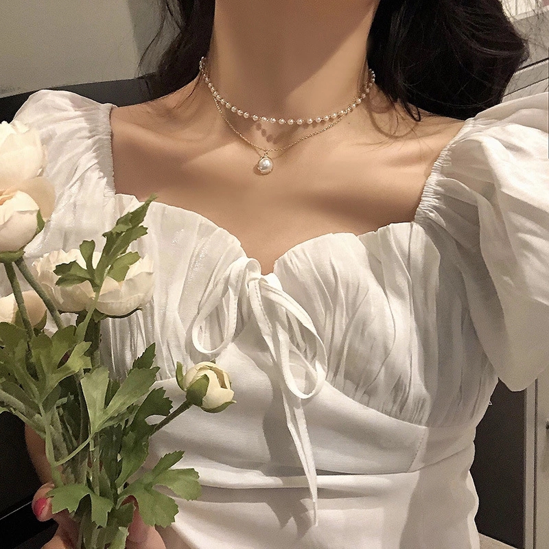 Choker Internet-Famous and Vintage Ins Simple Double-Layer Pearl Necklace Women&#039;s Fashion Clavicle Chain Short Neckband Neck Accessories