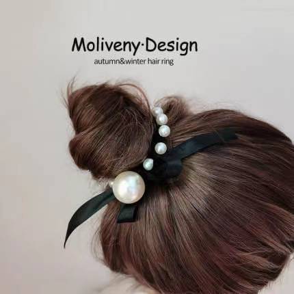 Bow Pearl Ribbon Bracelet Hair Band Korean Style Sweet High Elastic Black Girls Rubber Band Nylon Hair Rope Wholesale Bow Pearl Ribbon Bracelet Hair Band Korean Style Sweet High Elastic Black Girls Rubber Band Nylon Hair Rope Wholesale