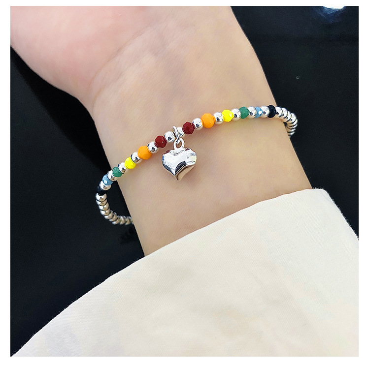 New 925 Sterling Silver Bracelet Korean Ins Special-Interest Design Elastic String Rainbow Sweet Loving Heart Handmade Beaded Bracelet