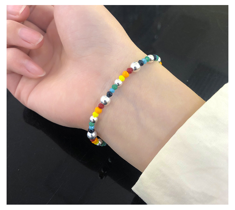 New 925 Sterling Silver Bracelet Korean Ins Special-Interest Design Elastic String Rainbow Sweet Loving Heart Handmade Beaded Bracelet