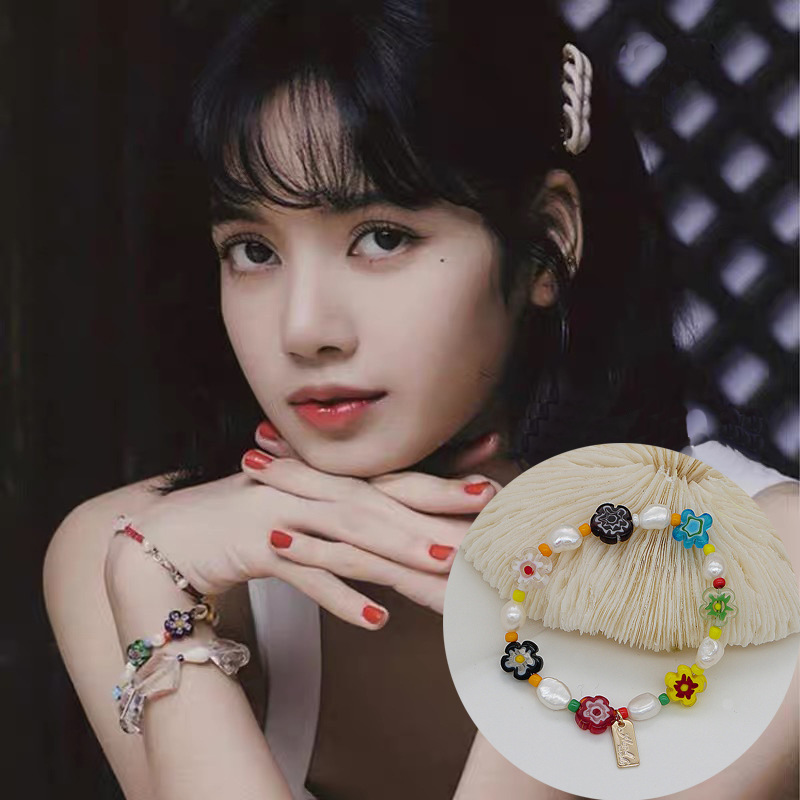 Korean Style Dongdaemun Same Style Flower Glass Freshwater Pearl Bracelet Elastic String Beaded Bracelet Color Bracelet for Women