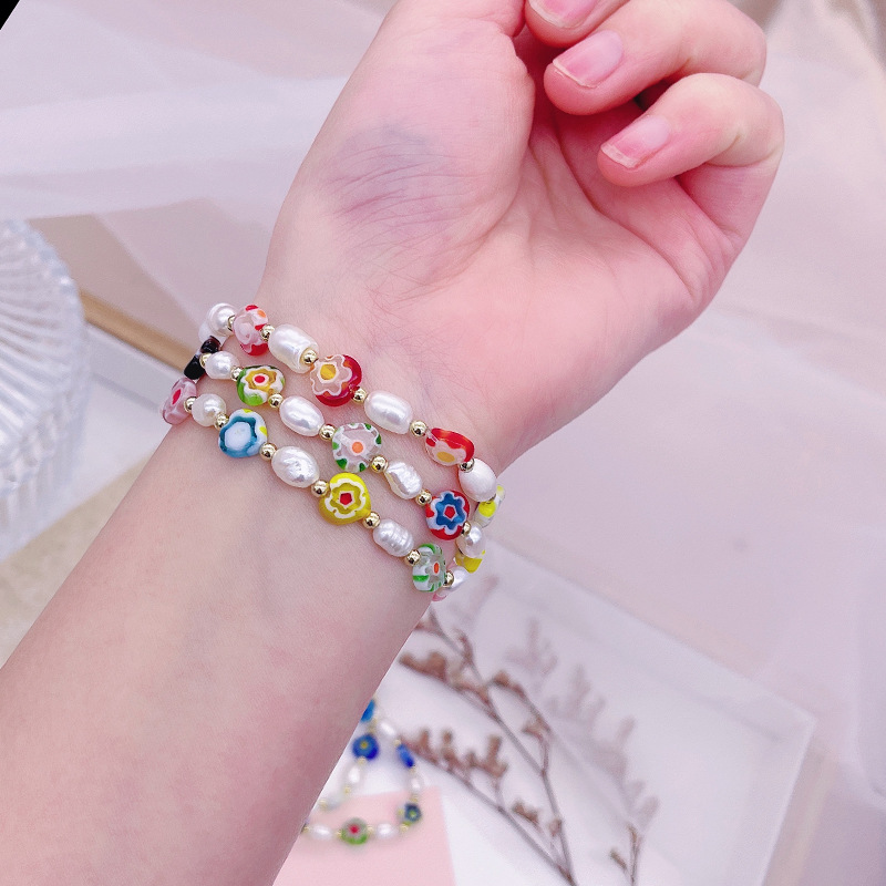 Korean Style Dongdaemun Same Style Flower Glass Freshwater Pearl Bracelet Elastic String Beaded Bracelet Color Bracelet for Women