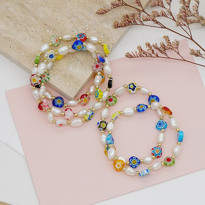 Korean Style Dongdaemun Same Style Flower Glass Freshwater Pearl Bracelet Elastic String Beaded Bracelet Color Bracelet for Women
