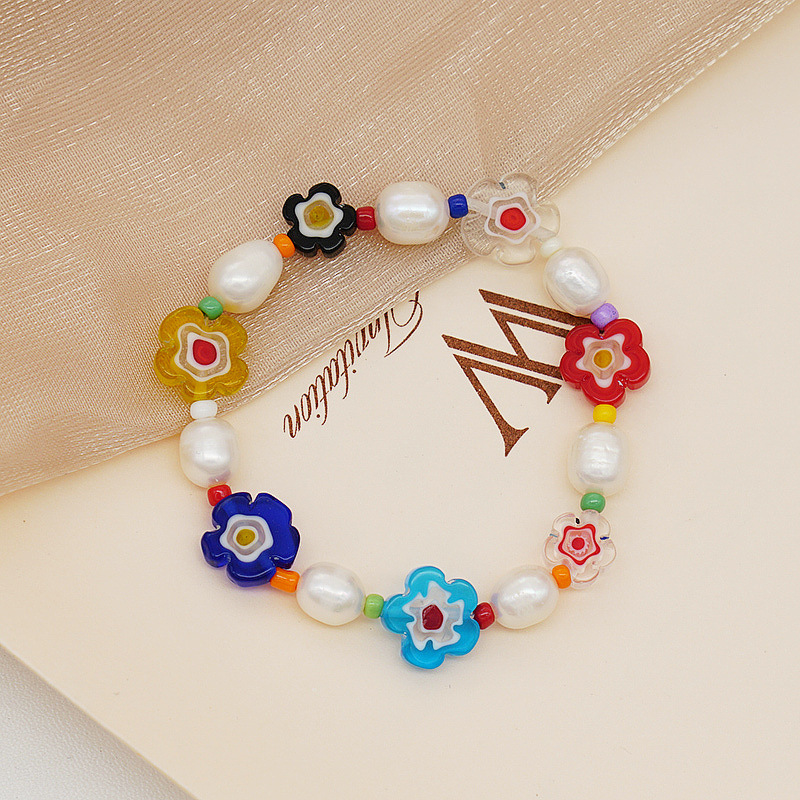 Korean Style Dongdaemun Same Style Flower Glass Freshwater Pearl Bracelet Elastic String Beaded Bracelet Color Bracelet for Women