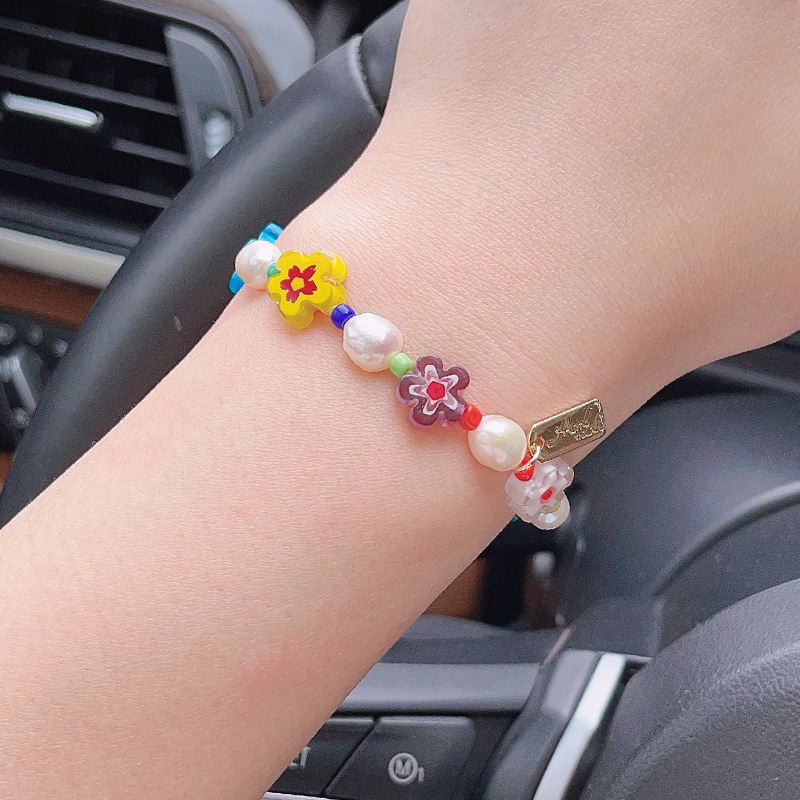 Korean Style Dongdaemun Same Style Flower Glass Freshwater Pearl Bracelet Elastic String Beaded Bracelet Color Bracelet for Women